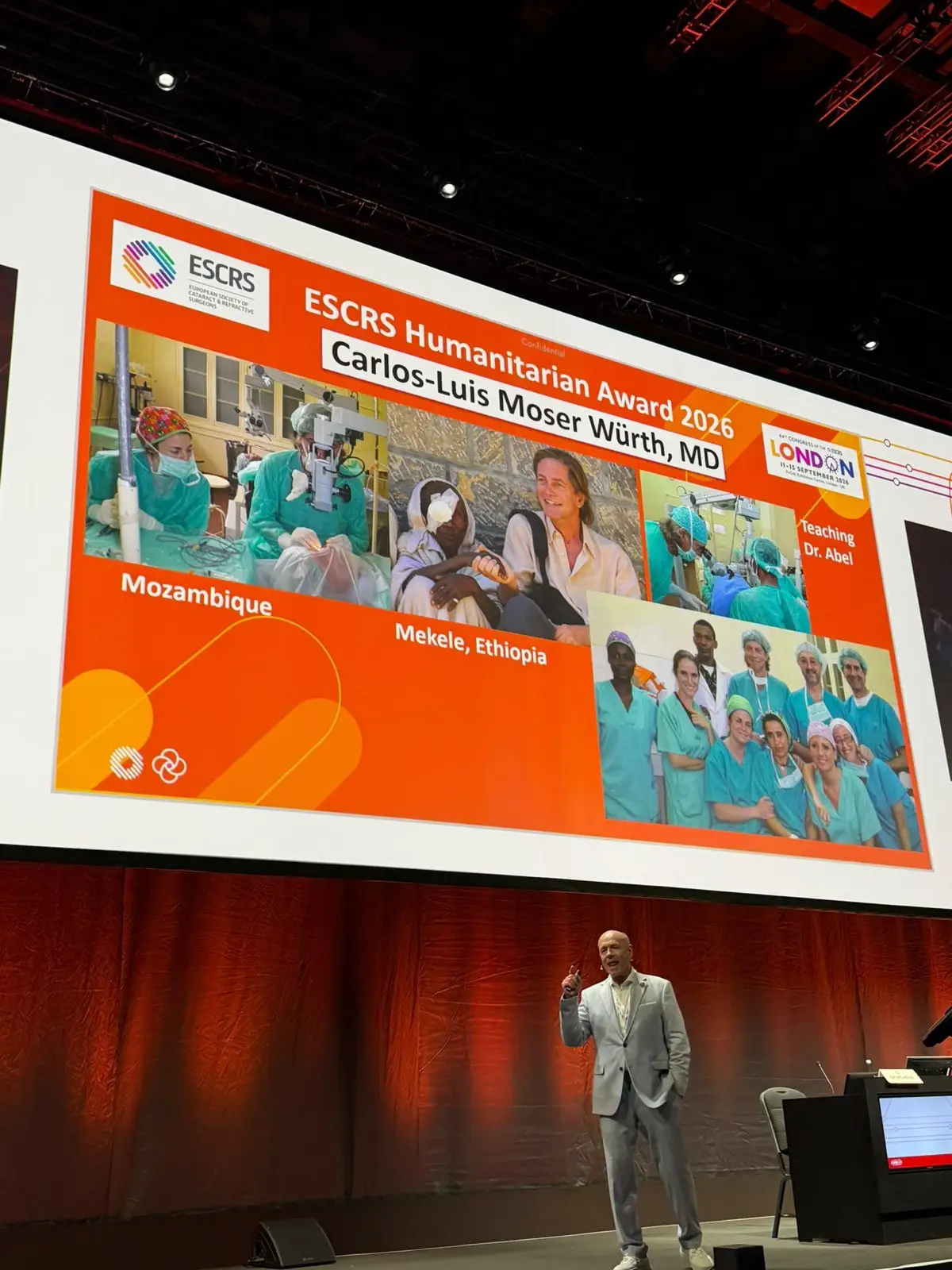 Presentación del ESCRS Humanitarian Award 2026 a Carlos-Luis Moser Würth en el Congreso ESCRS de Londres