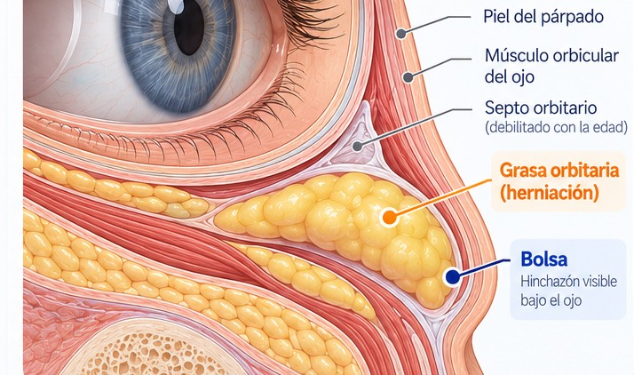 Corte del párpado inferior: con la edad el septo orbitario cede y la grasa orbitaria se hernia hacia delante, formando la bolsa bajo la piel y el músculo orbicular.