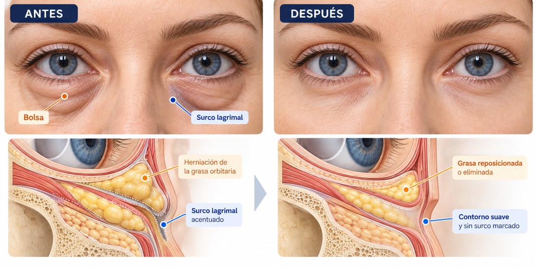 Ilustración del antes y después de una blefaroplastia inferior: la grasa herniada se reposiciona o retira y el contorno del párpado queda suave, sin surco marcado.