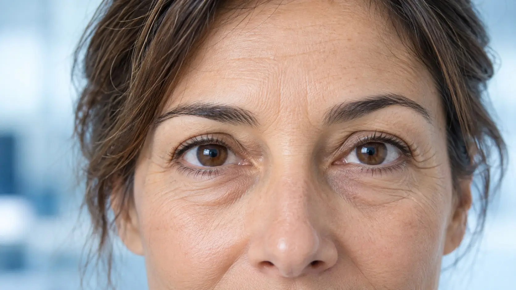 Primer plano ilustrativo de una mirada con bolsas suaves bajo los ojos.