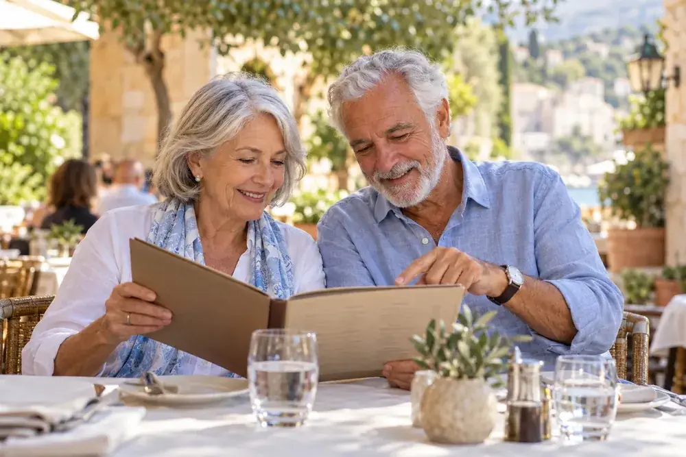 Pareja mayor consultando la carta de un restaurante, en una escena ilustrativa generada.
