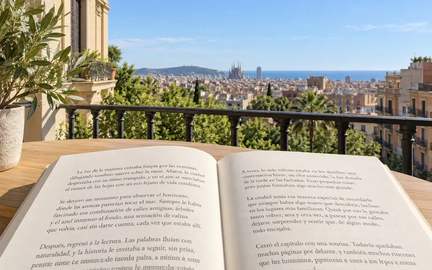 Libro abierto en primer plano y vistas de Barcelona al fondo, en una escena ilustrativa generada.