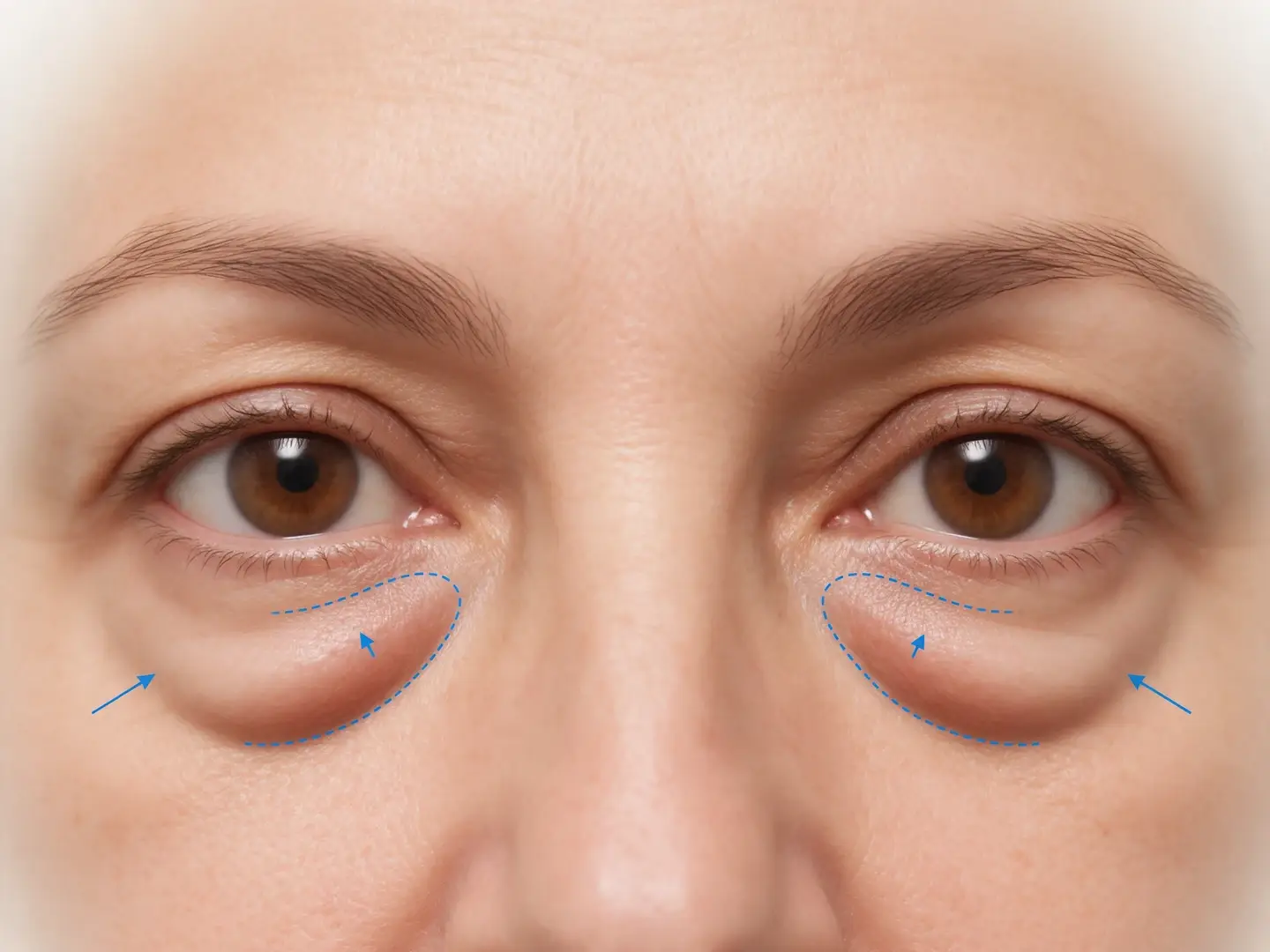 Simulación digital de bolsas de grasa bajo los ojos, con contornos explicativos.