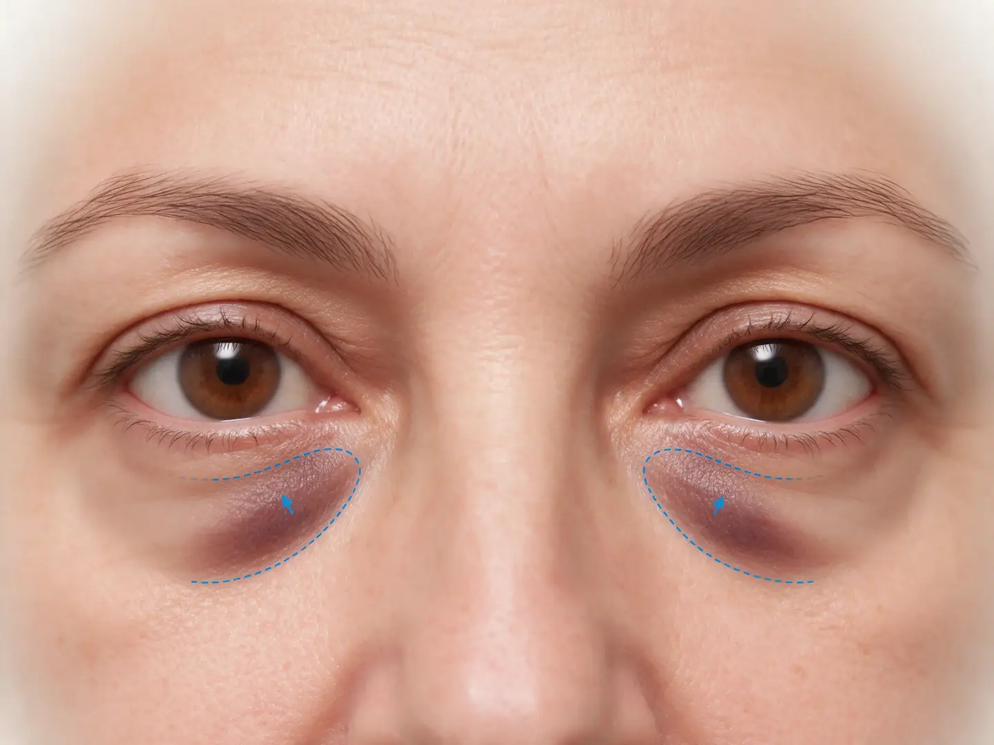 Simulación digital de pigmentación y surco bajo los ojos, señalados en azul.