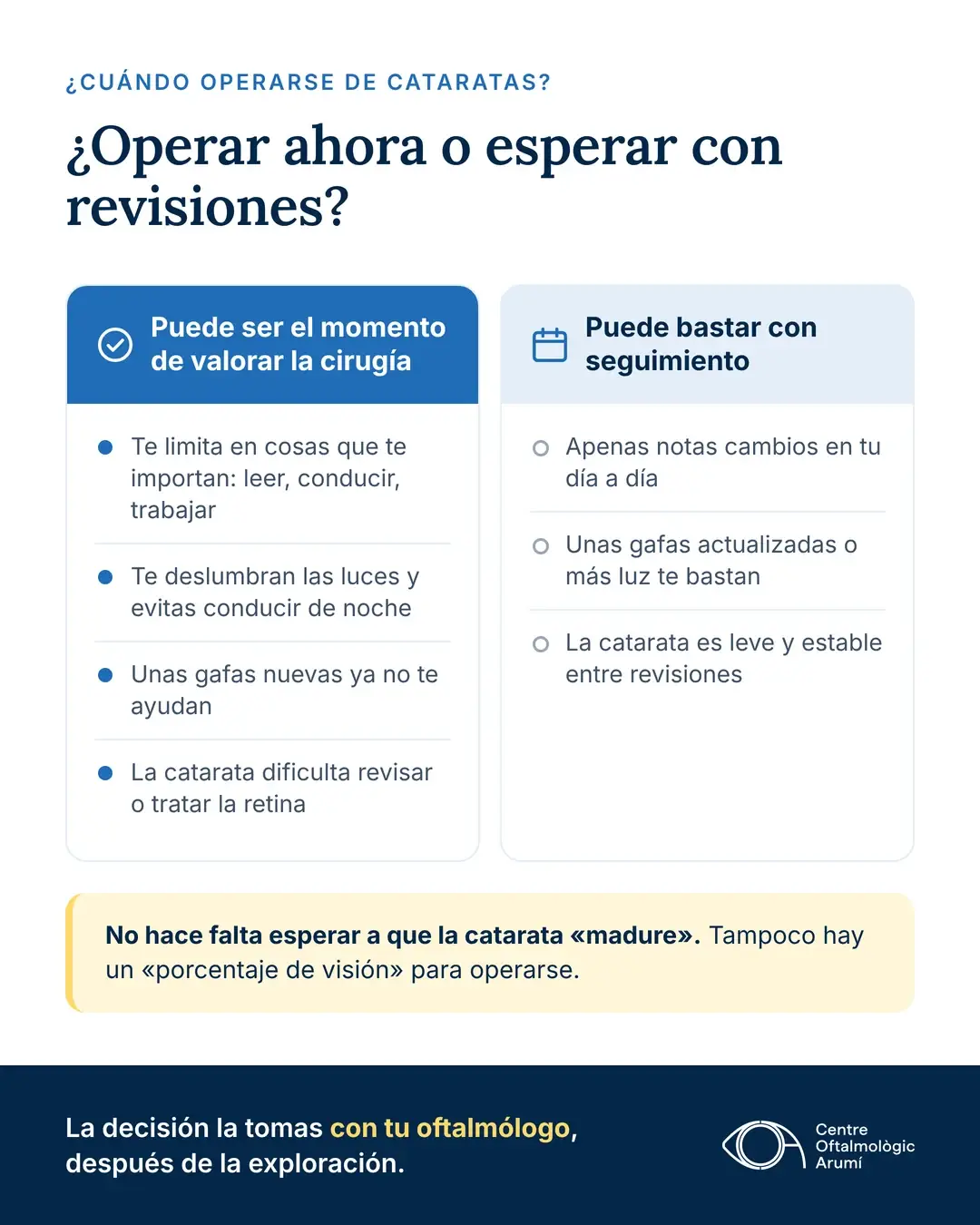 Infografía que compara cuándo puede ser el momento de valorar la cirugía de cataratas (te limita en actividades importantes, te deslumbran las luces y evitas conducir de noche, unas gafas nuevas ya no te ayudan, la catarata dificulta revisar o tratar la retina) y cuándo puede bastar con seguimiento (apenas notas cambios, unas gafas actualizadas o más luz te bastan, la catarata es leve y estable)