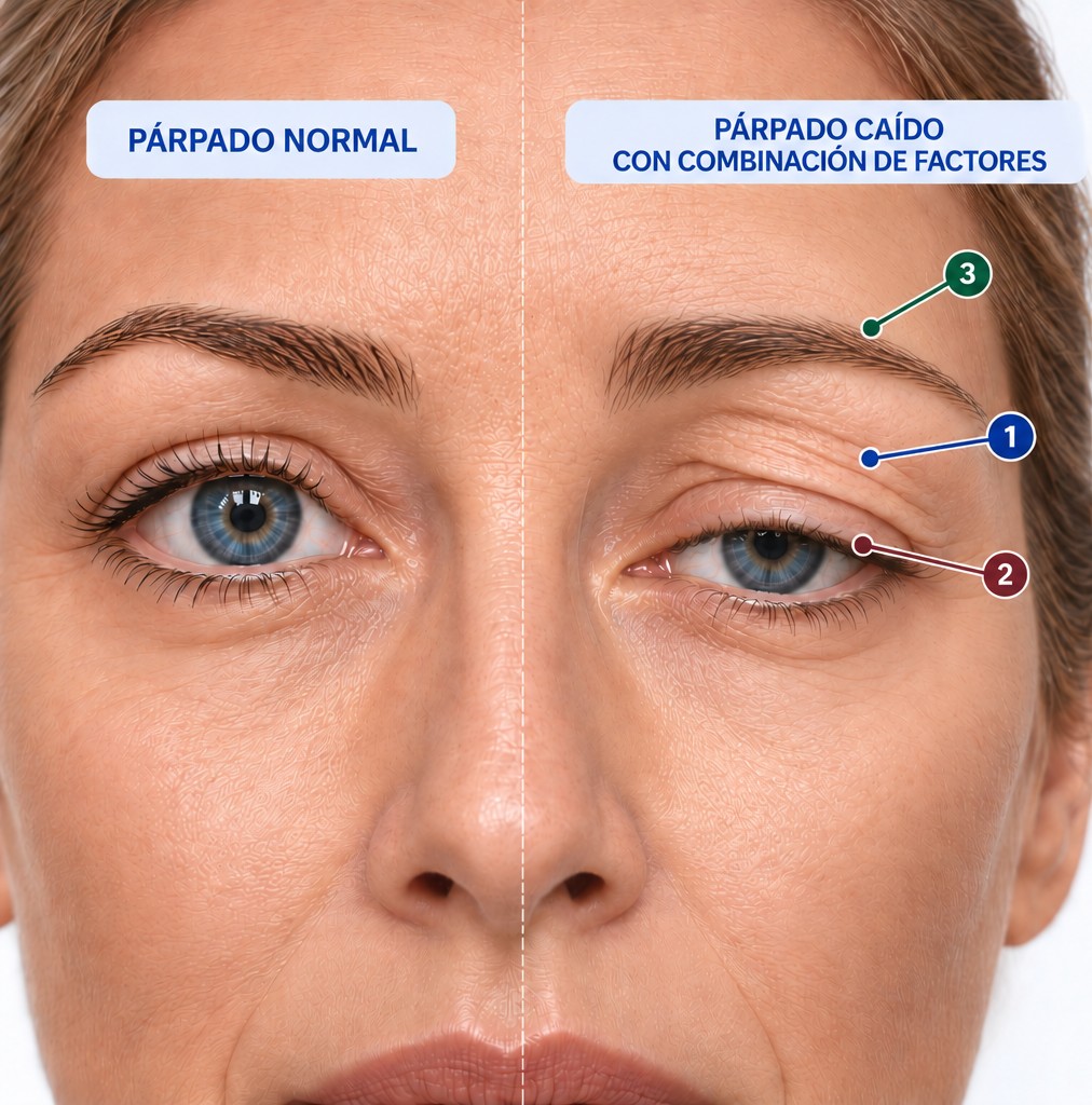 Comparación de un párpado normal y un párpado caído con combinación de factores: exceso de piel, ptosis palpebral y ceja descendida.
