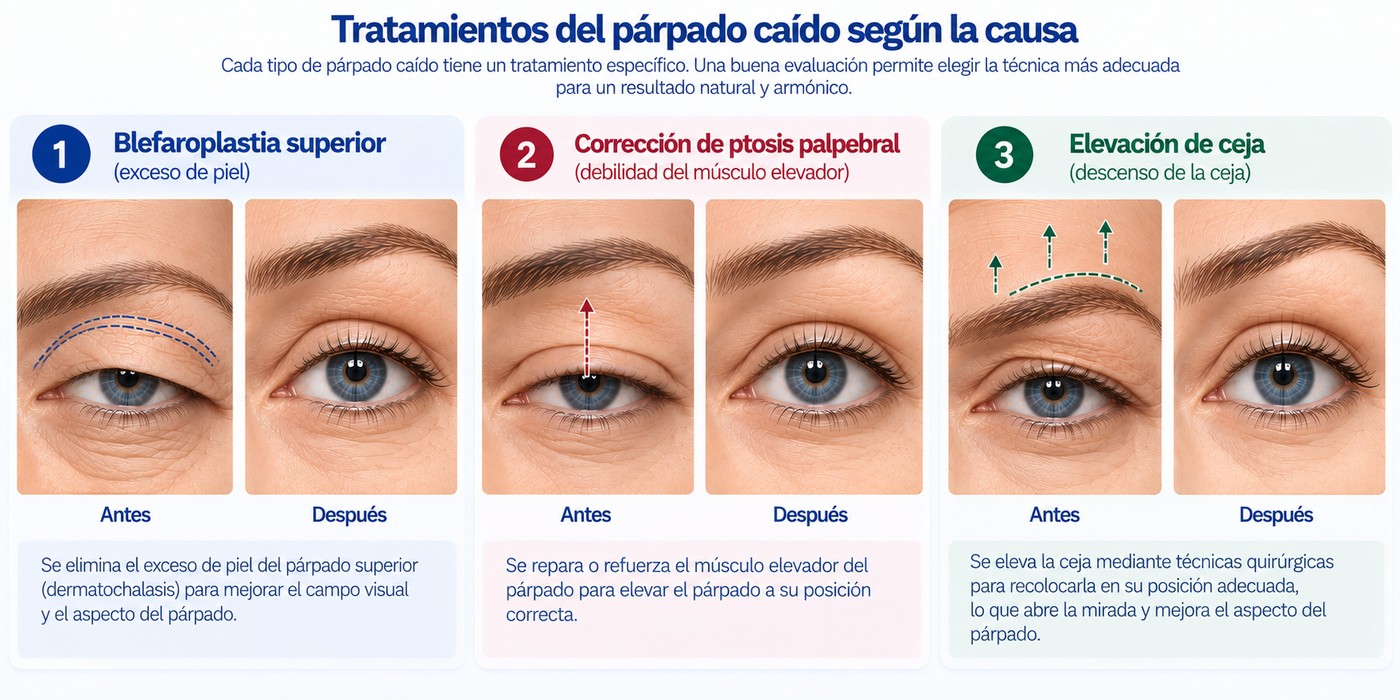 Tratamientos según la causa: blefaroplastia superior para el exceso de piel, cirugía de ptosis para el músculo elevador y elevación de la ceja.