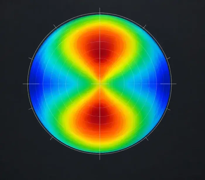 Mapa ilustrativo de topografía corneal con un patrón de astigmatismo, sin datos de un paciente.