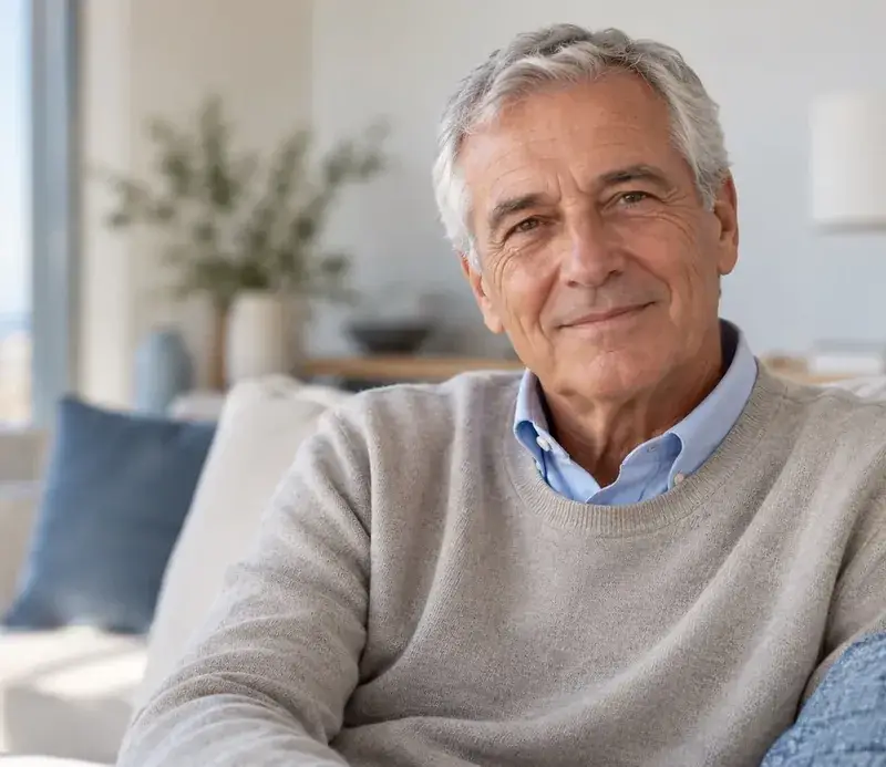 Hombre de unos 65 años sonriendo en casa, en una escena ilustrativa generada.